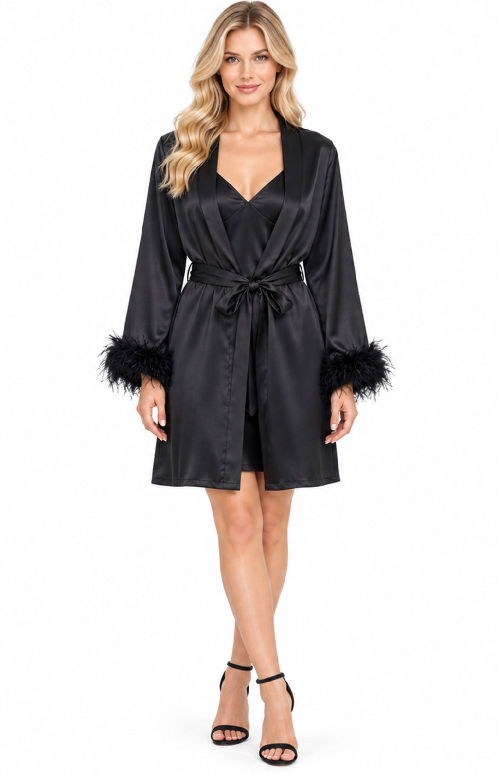 Feather Lined Robe Luxury Bridal Satin Silk Feather Robe Set Black 128 – ladiesandgentlemenjo