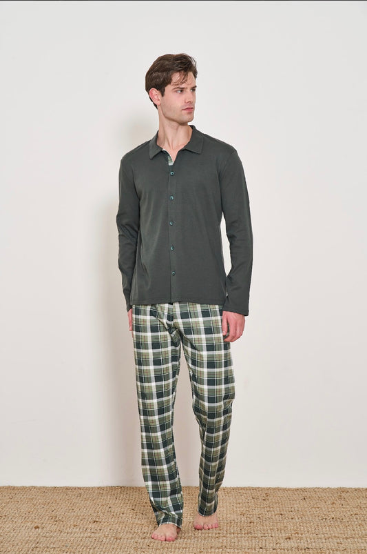 Men’s Pajama Italy Plaid Pajama Set with Soft Button-Up Top – Available in Olive Green and Navy L92264