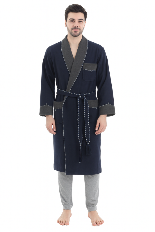 Elegant Warm Robe Men In Synthetic Wool – Navy / grey