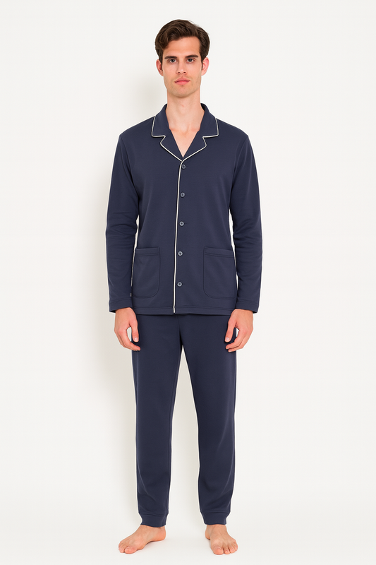 Men’s Pajama Italy Winter Cotton Pajama Set – Medium Thickness, Available in Grey and Navy L91044