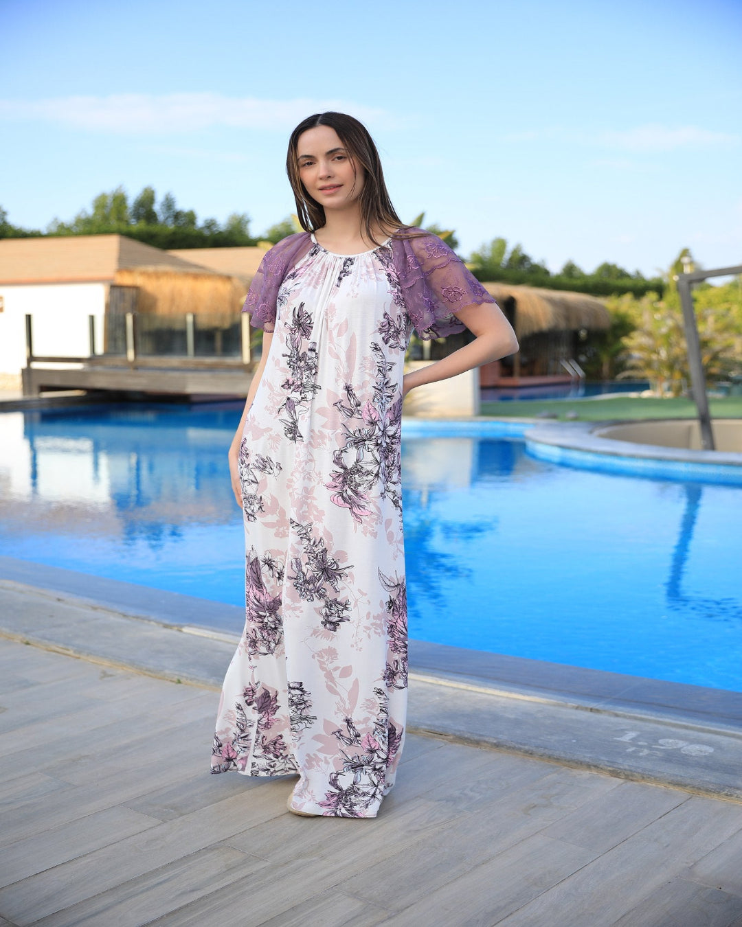 فستان ماكسي منزلي بأكمام دانتيل 15967