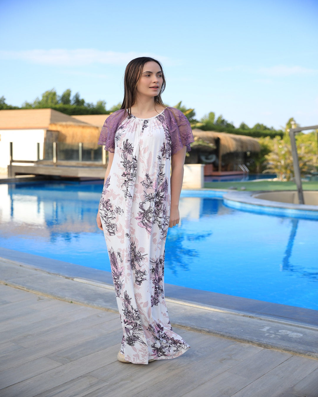 فستان ماكسي منزلي بأكمام دانتيل 15967