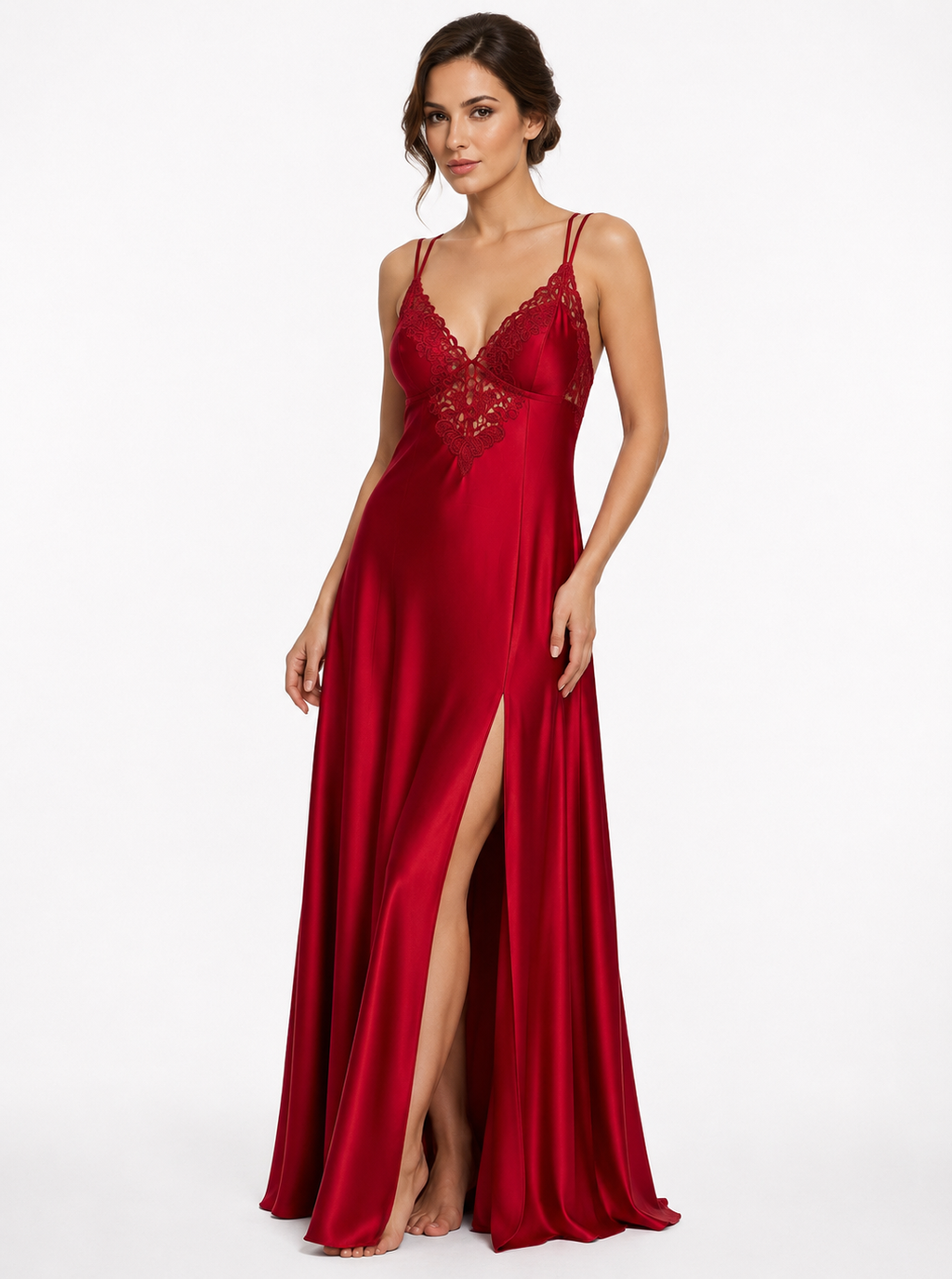 Long Dress lingerie silk satin Red ft5501