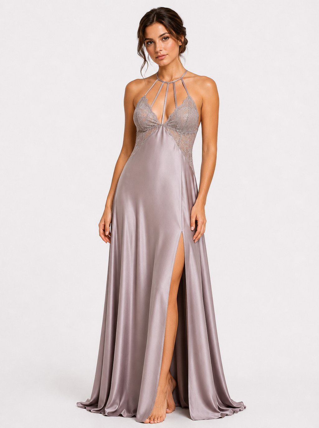 Long Night Dress Satin Silk white ft1588