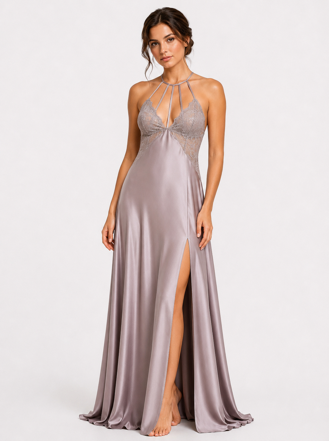 Long Night Dress Satin Silk white ft1588