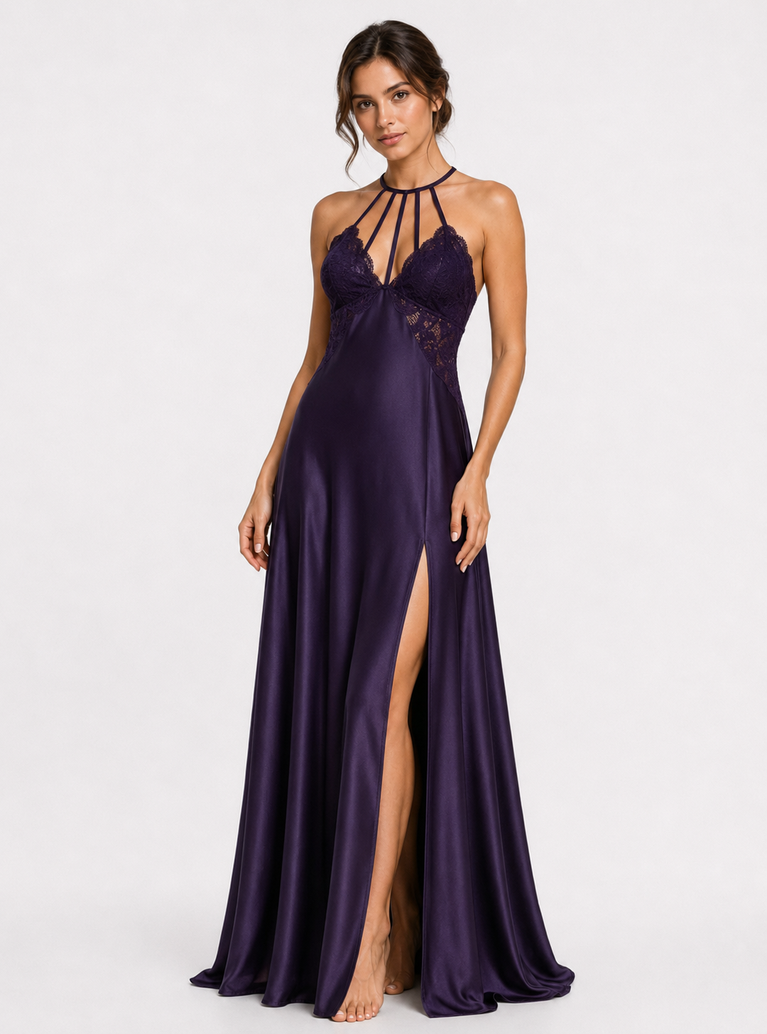 Long Night Dress Satin Silk purple ft1588