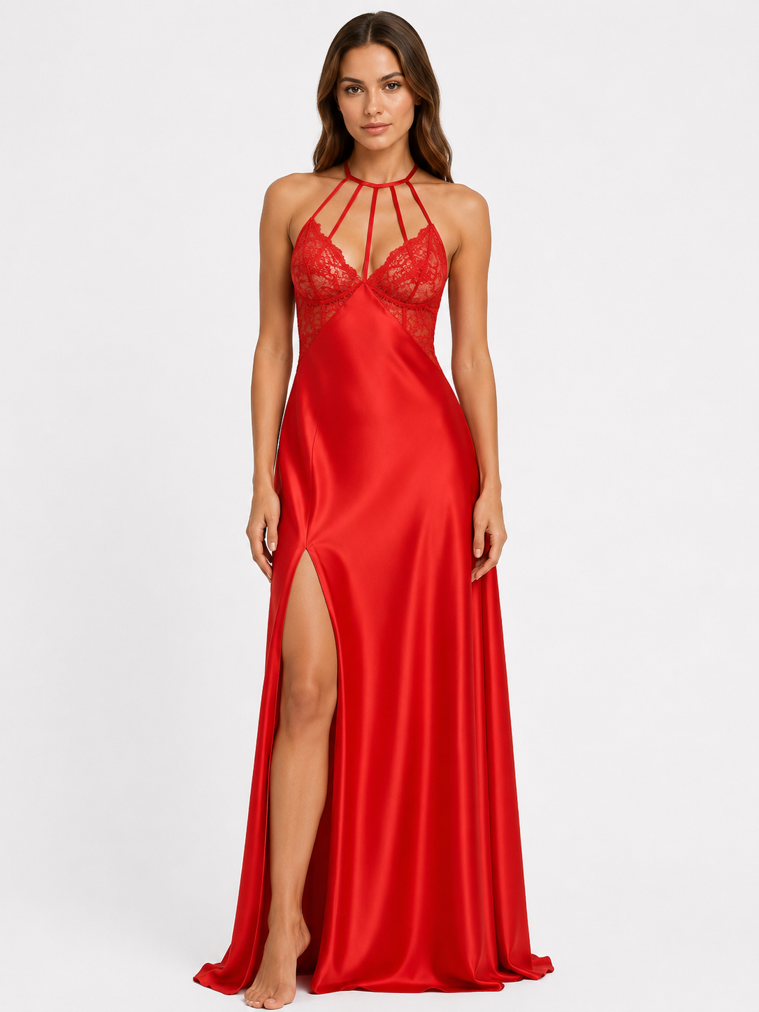 Long Night Dress Satin Silk Red ft1588