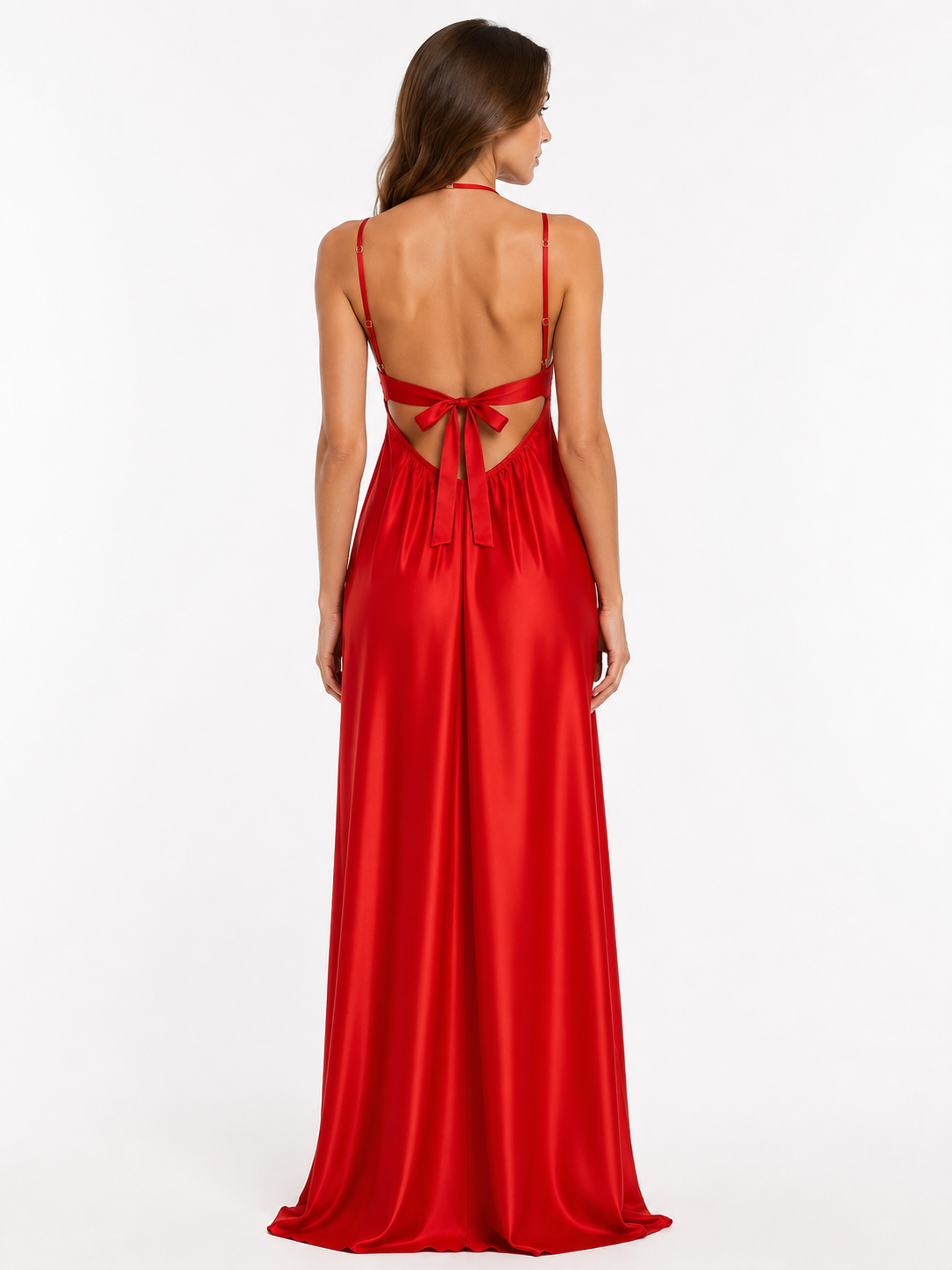 Long Night Dress Satin Silk Red ft1588