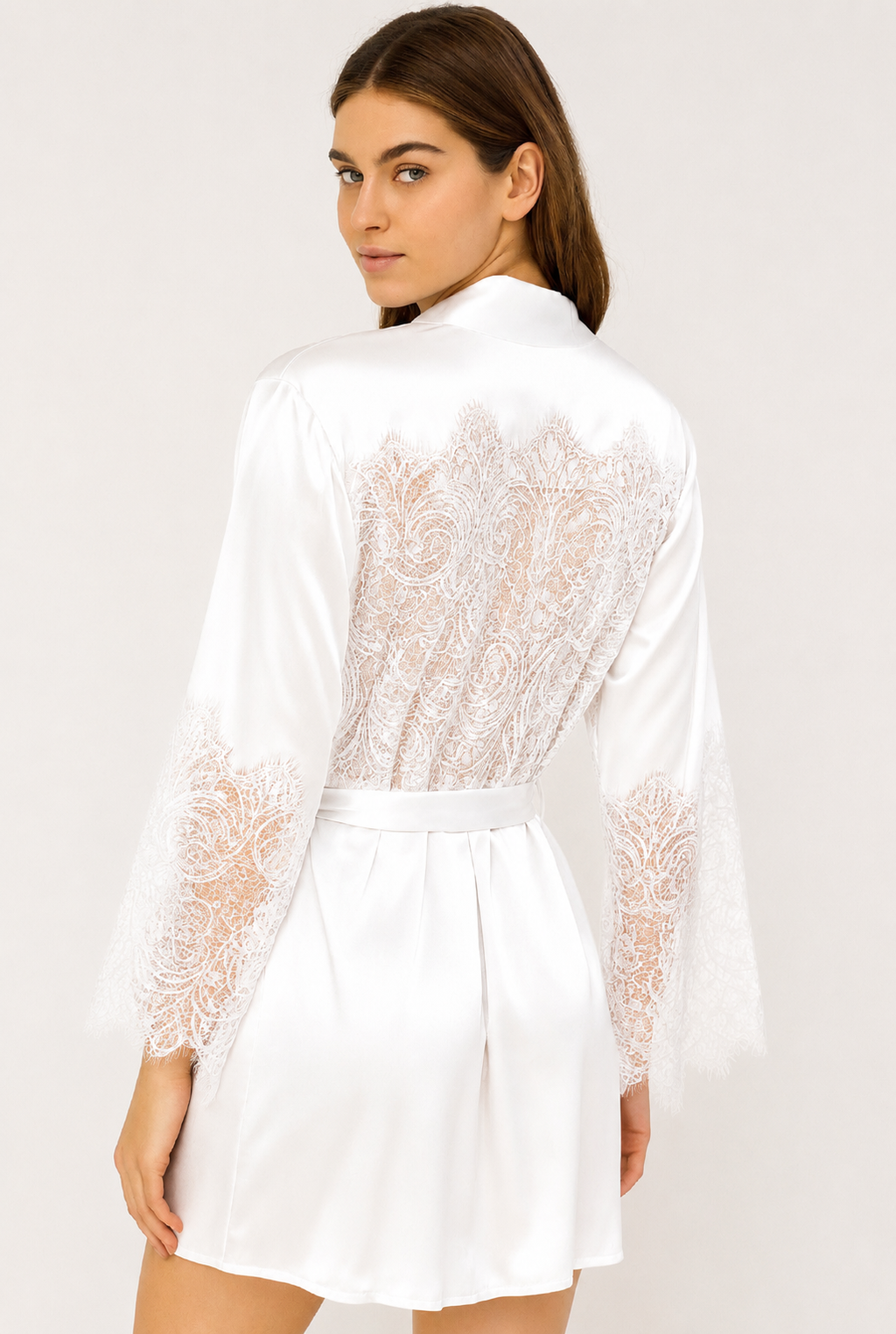 Short Satin & Lace Nightdress & Robe Set White 2616