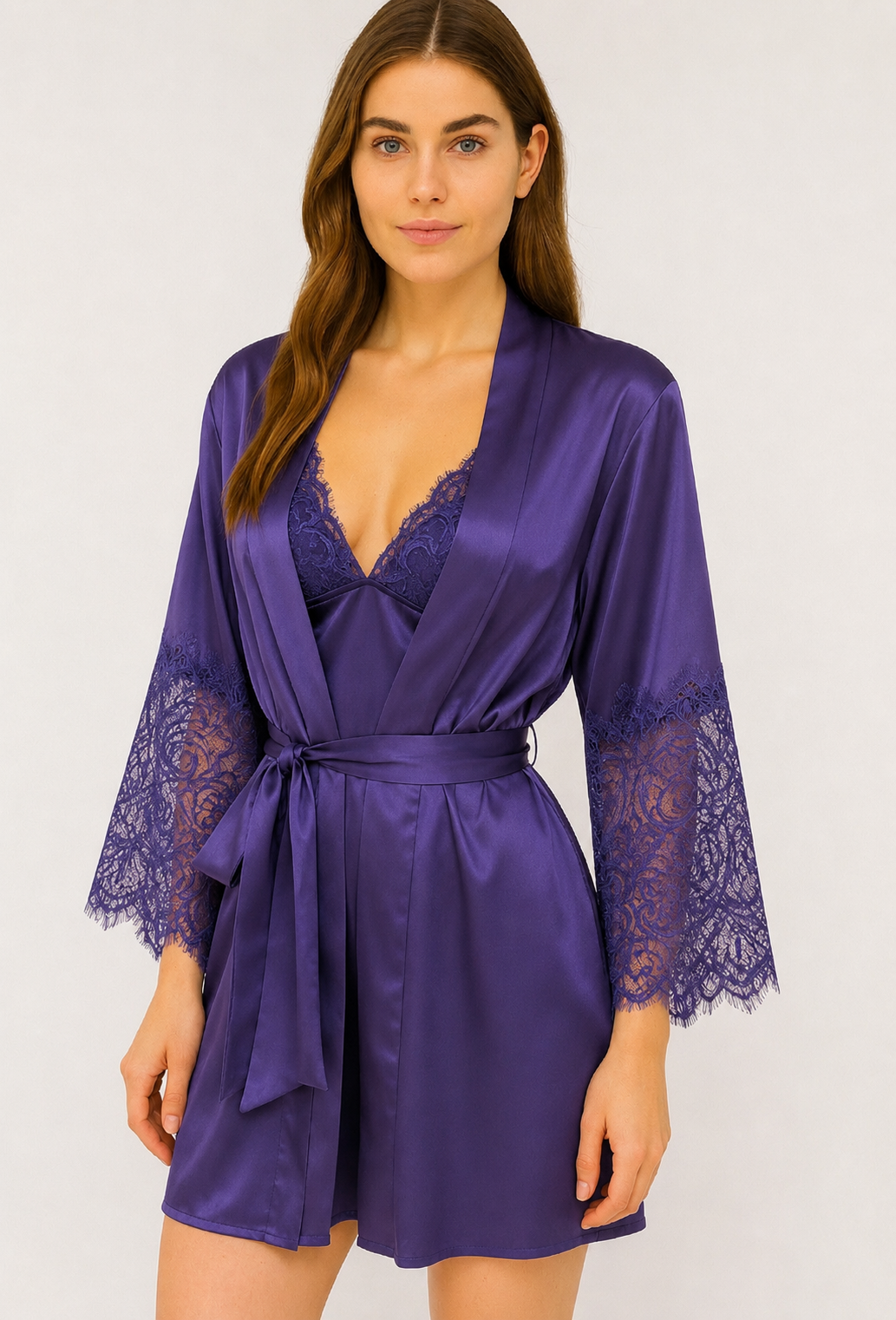 Short Satin & Lace Nightdress & Robe Set purple 2616