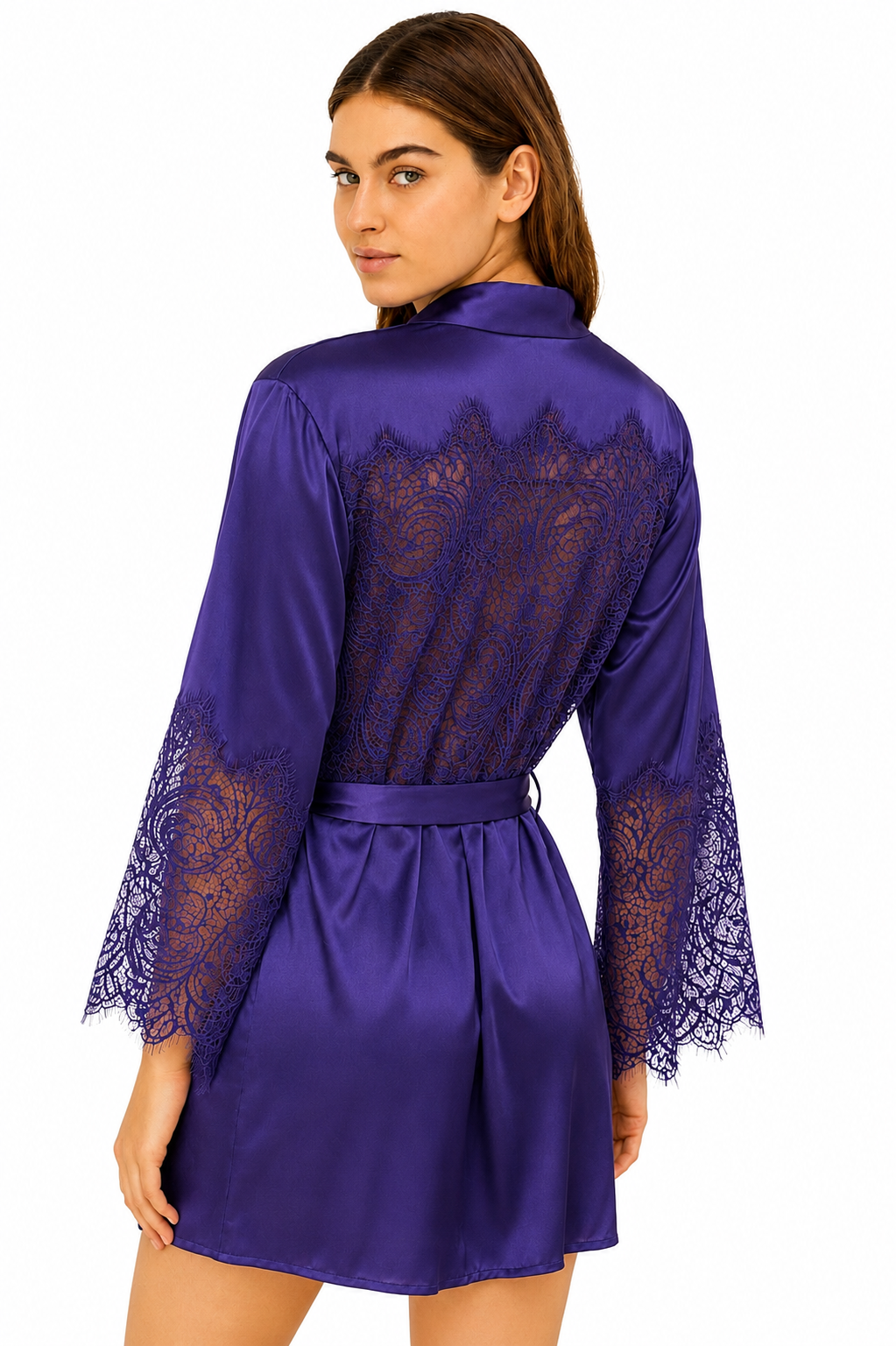 Short Satin & Lace Nightdress & Robe Set purple 2616