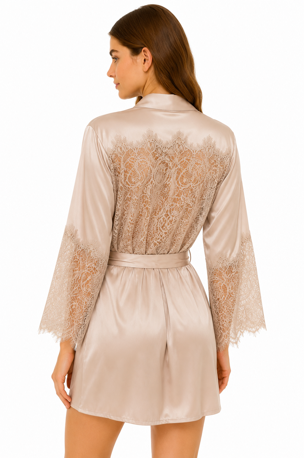 Short Satin & Lace Nightdress & Robe Set beige soft  2616