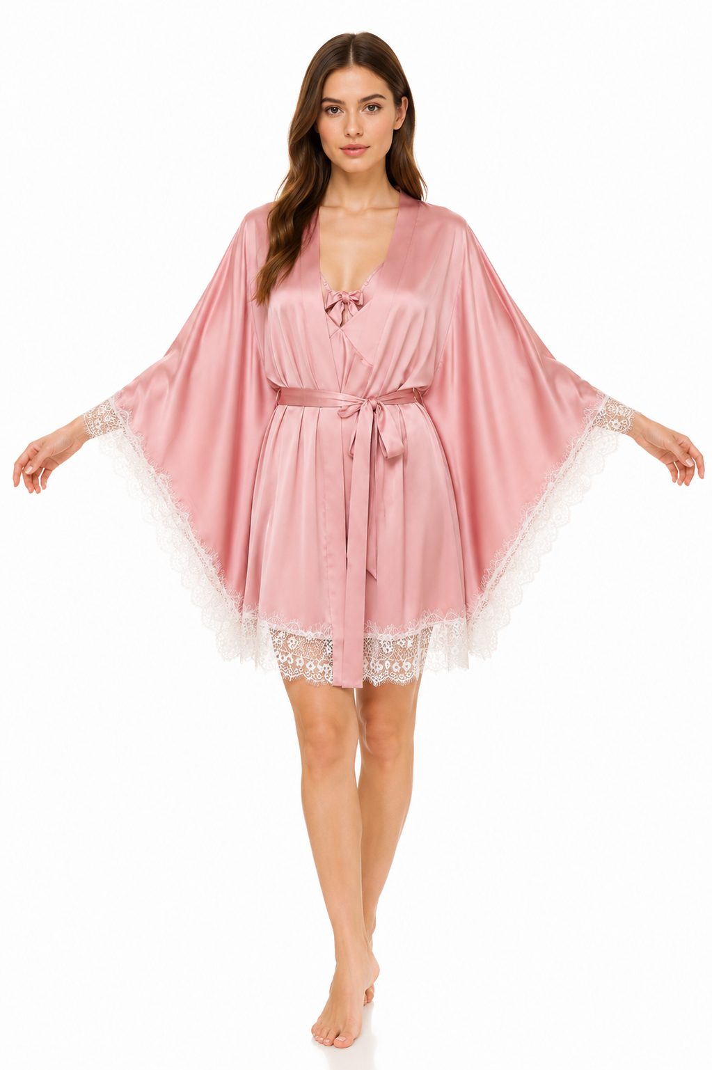Short Satin & Lace butterfly Nightdress & Robe Set - soft pink Ft1663
