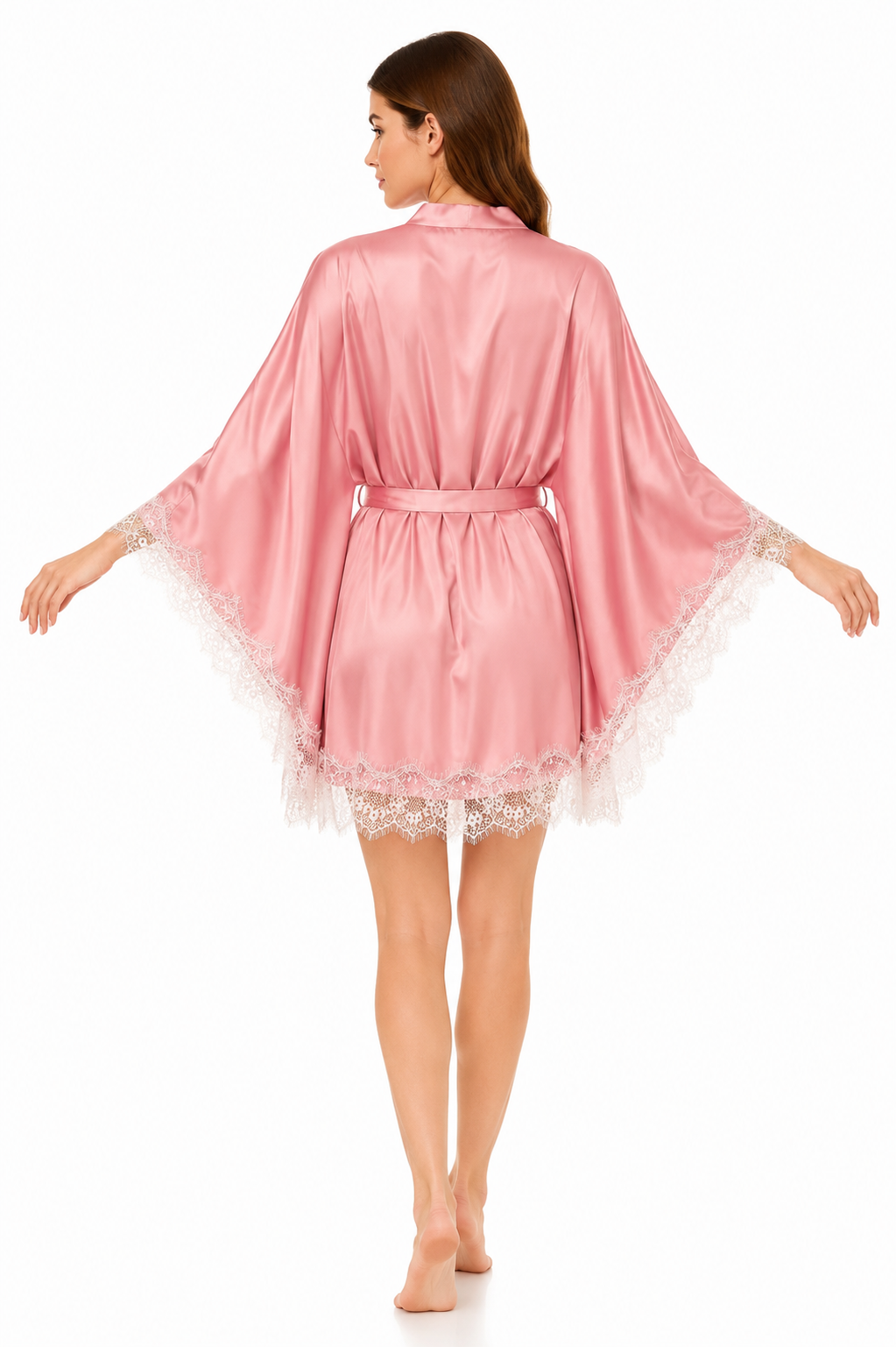 Short Satin & Lace butterfly Nightdress & Robe Set - soft pink Ft1663