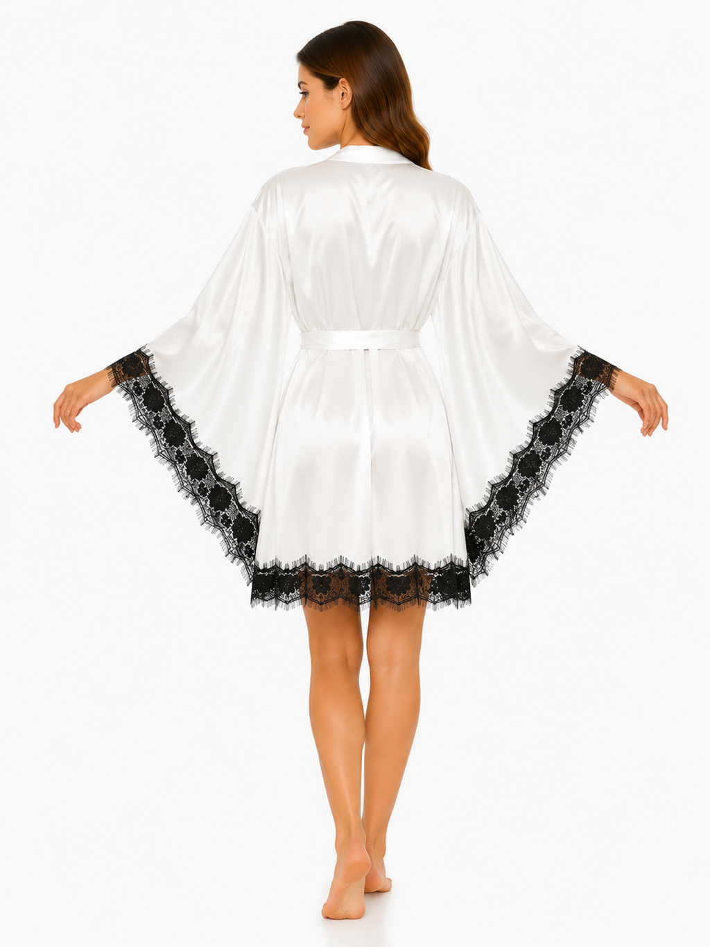 Short Satin & Lace butterfly Nightdress & Robe Set - white&black Ft1663