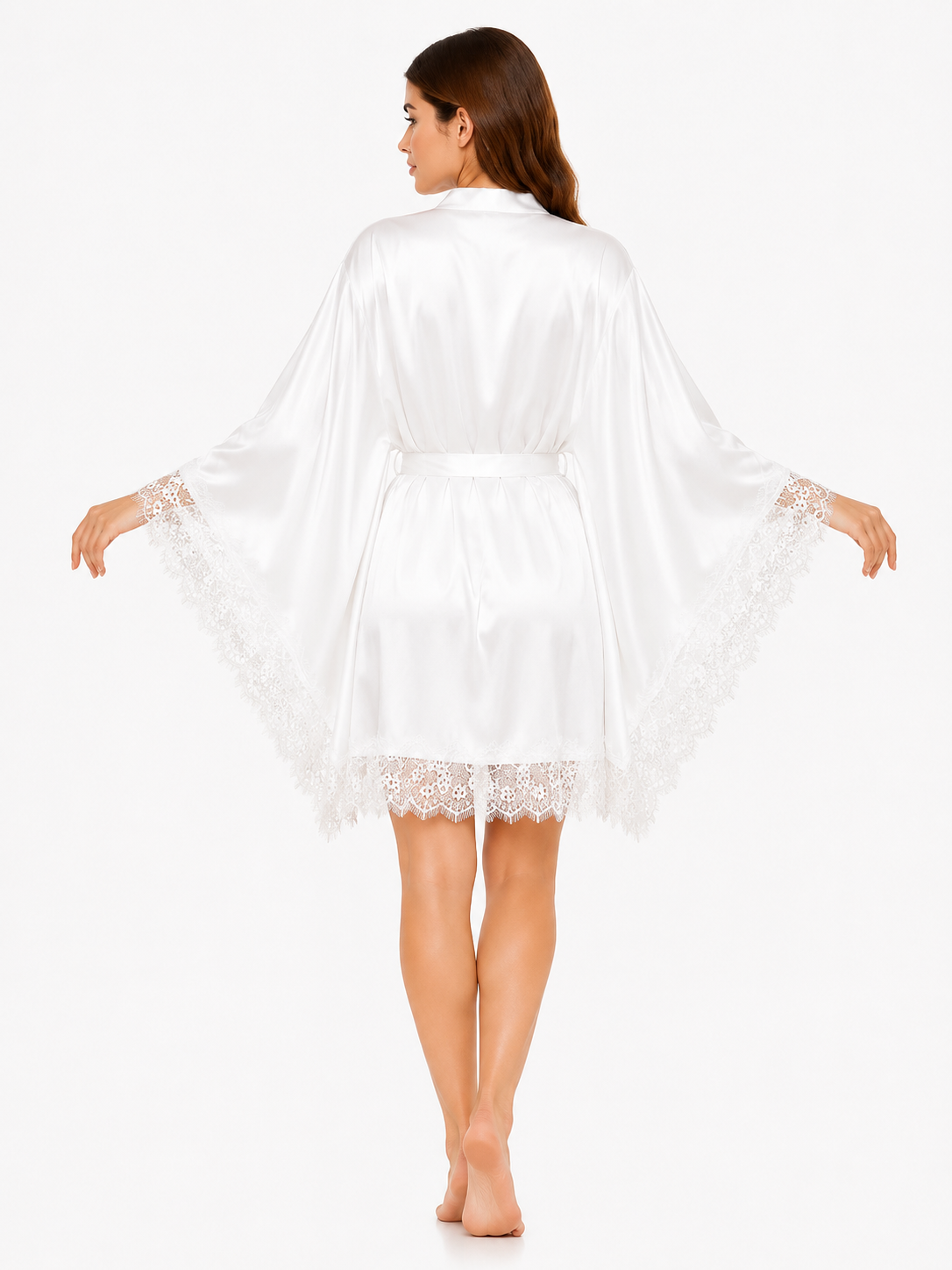 Short Satin & Lace butterfly Nightdress & Robe Set - white Ft1663