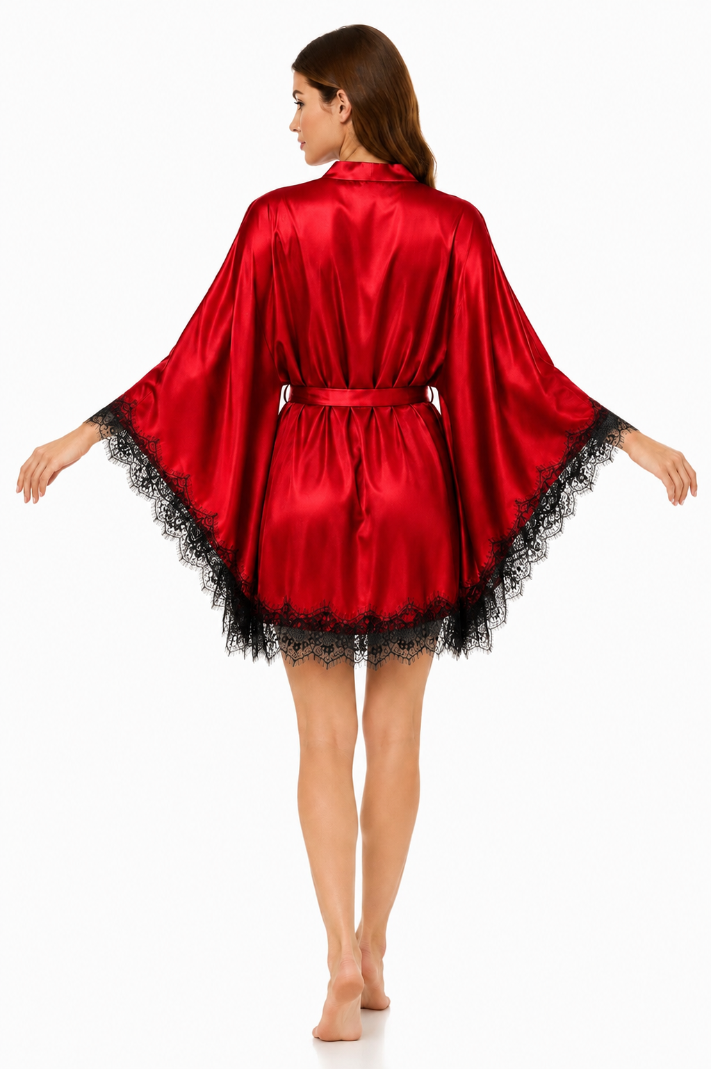 Short Satin & Lace butterfly Nightdress & Robe Set - Red&Black Ft1663