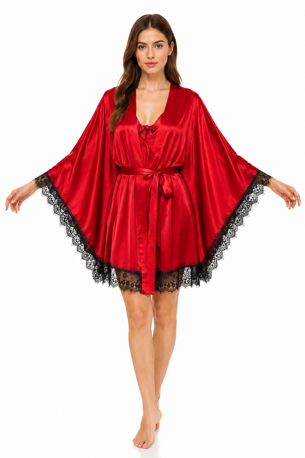 Short Satin & Lace butterfly Nightdress & Robe Set - Red&Black Ft1663
