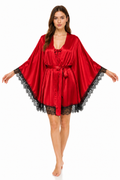 Short Satin & Lace butterfly Nightdress & Robe Set - Red&Black Ft1663