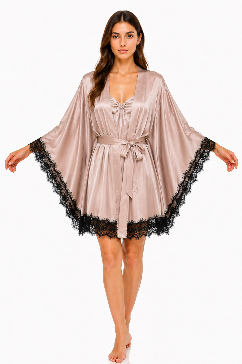 Short Satin & Lace butterfly Nightdress & Robe Set - beig soft  Ft1663