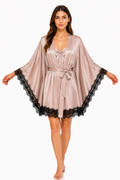 Short Satin & Lace butterfly Nightdress & Robe Set - beig soft  Ft1663