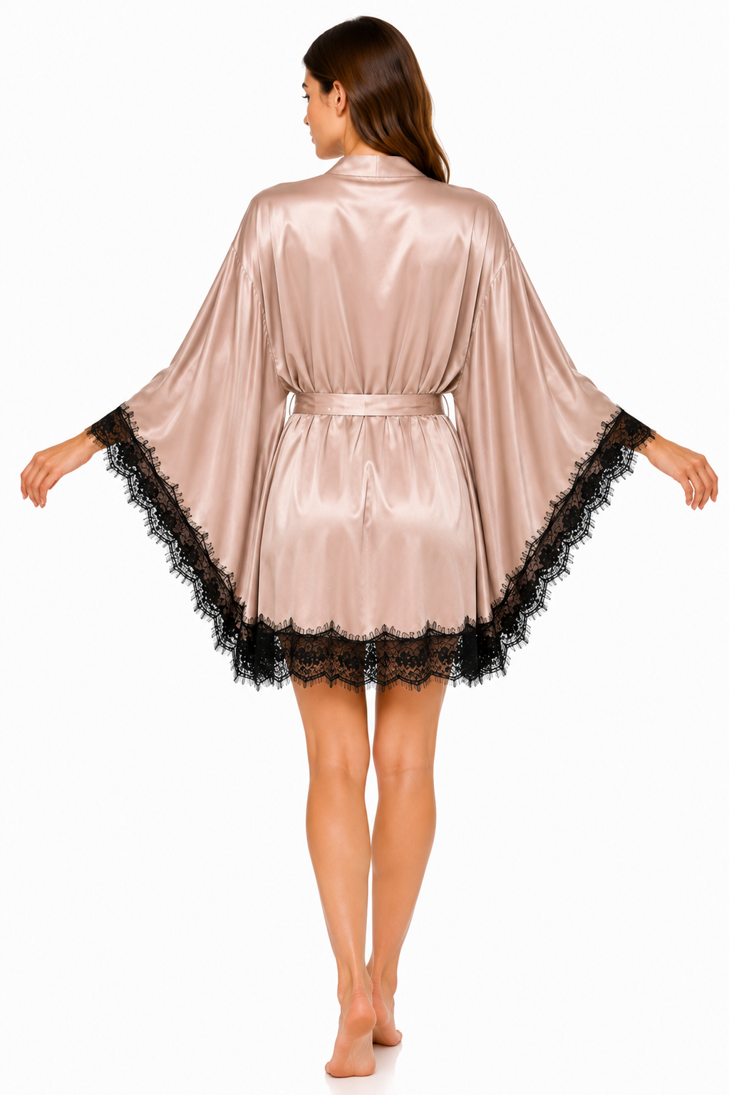 Short Satin & Lace butterfly Nightdress & Robe Set - beig soft  Ft1663