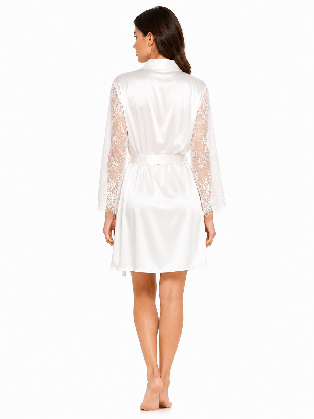 Short Satin & Lace Nightdress & Robe Set White 2619