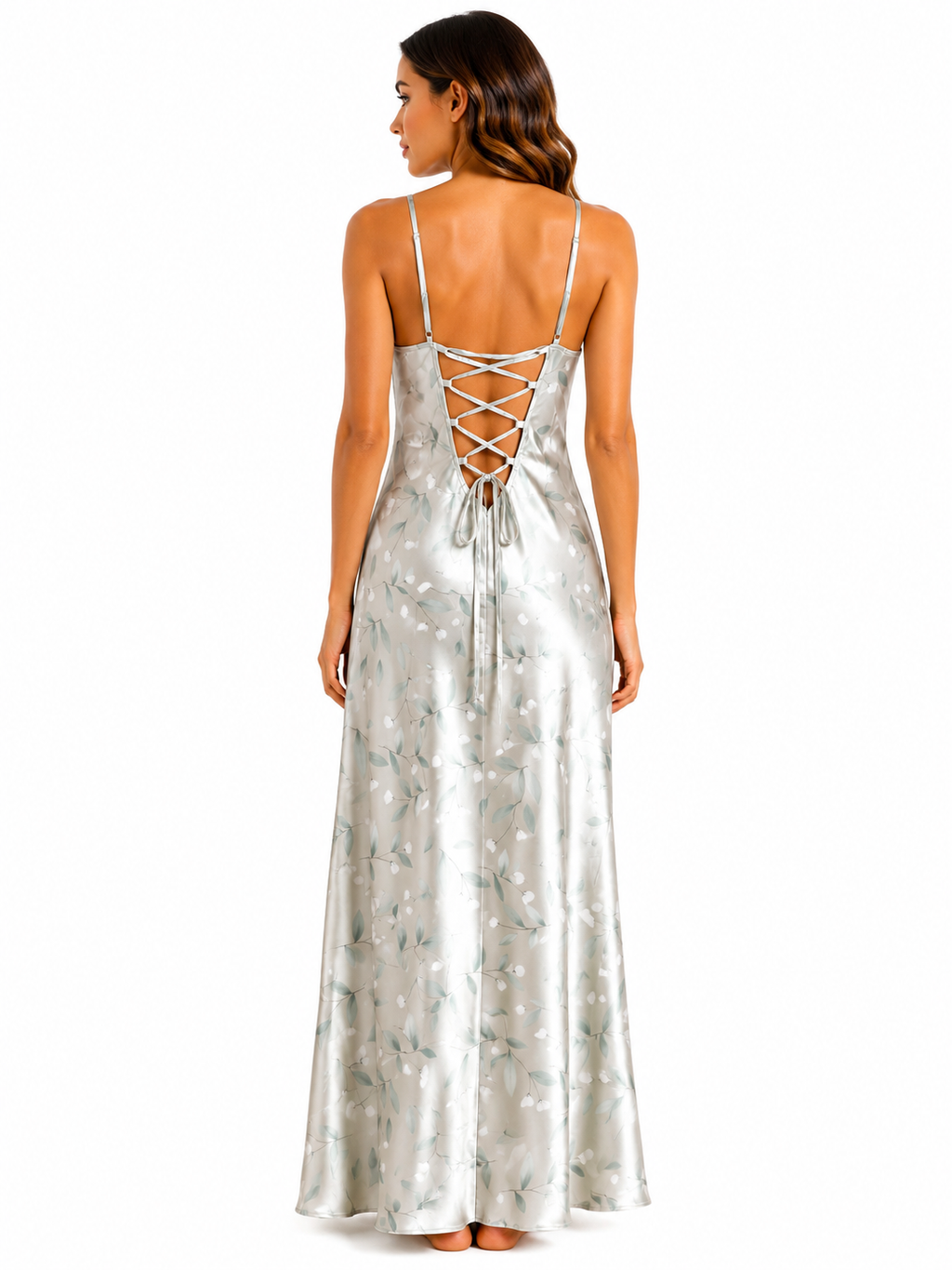 Long Dress lingerie silk satin olive pinted L301