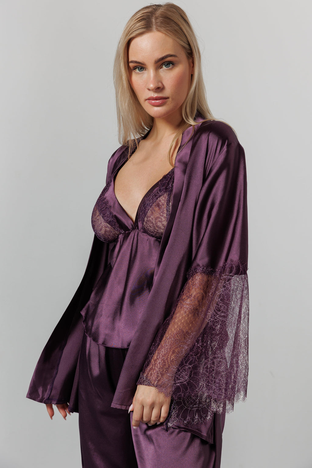 Women's 3-piece Silk Satin luxury pajama purple FT1361