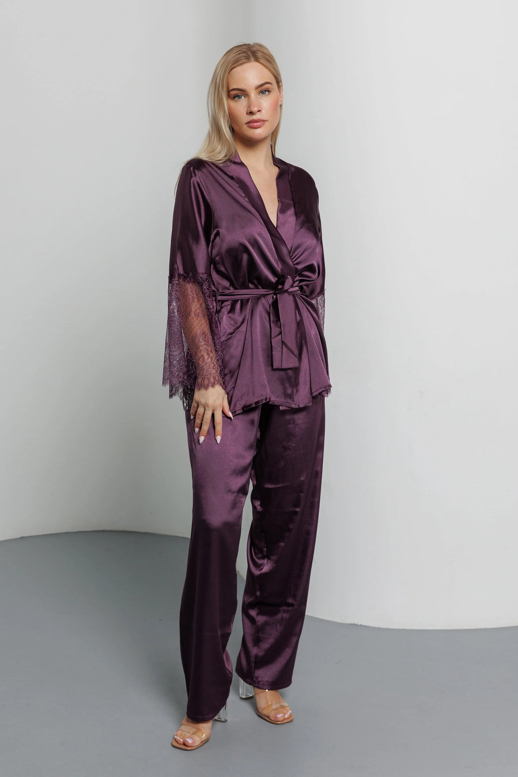 Women's 3-piece Silk Satin luxury pajama purple FT1361