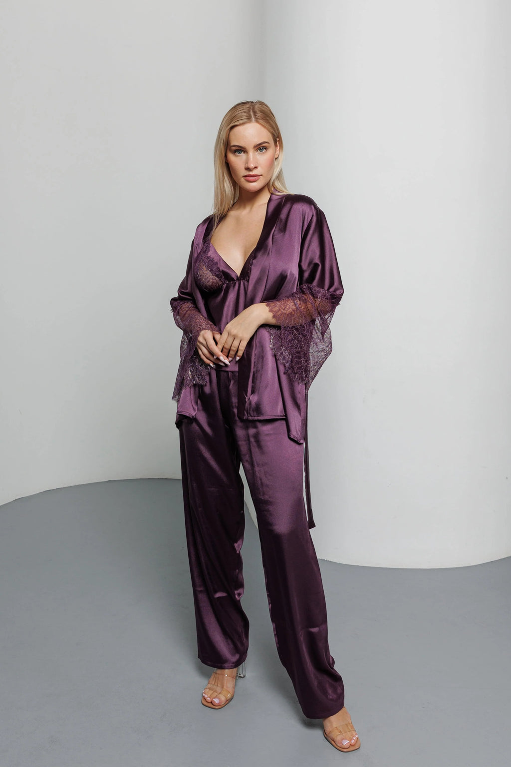 Women's 3-piece Silk Satin luxury pajama purple FT1361