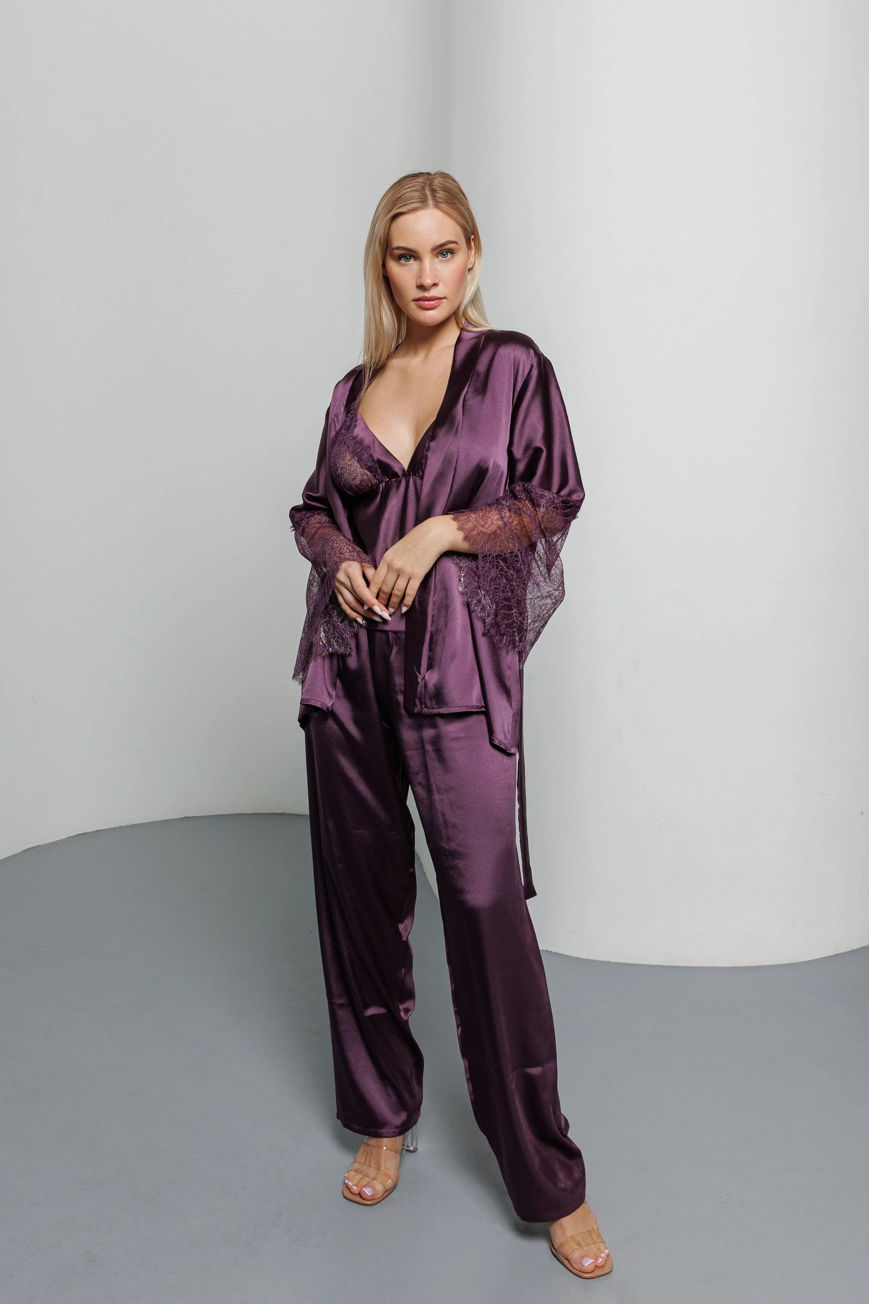 Women's 3-piece Silk Satin luxury pajama purple FT1361