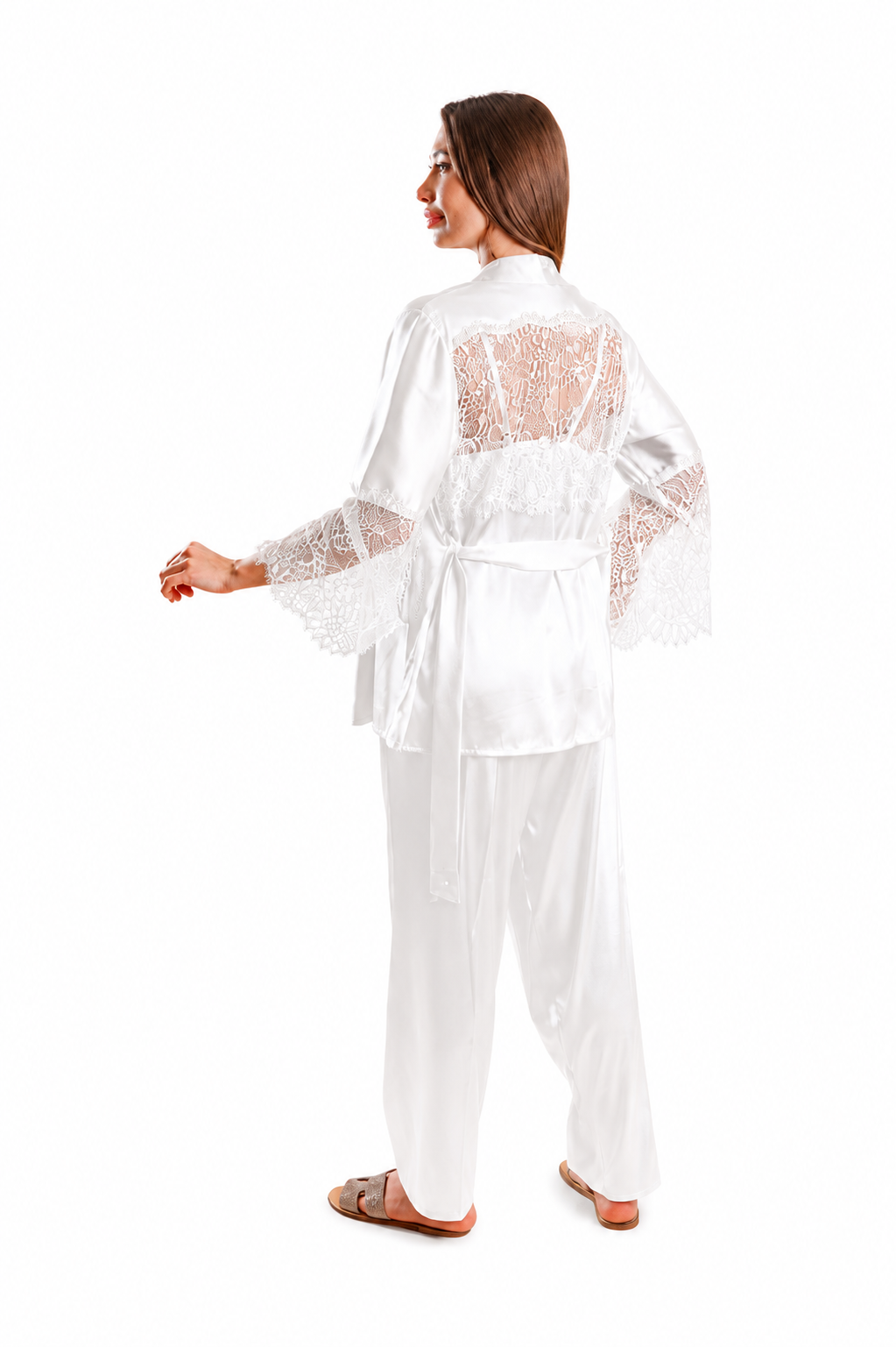 Women's 3-piece Silk Satin luxury pajama white FT1361