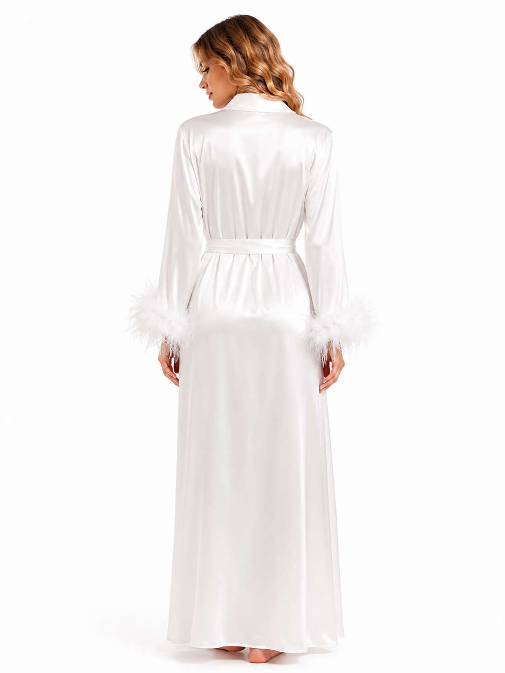 Satin Bridal Robe Set with Feather Cuffs 127