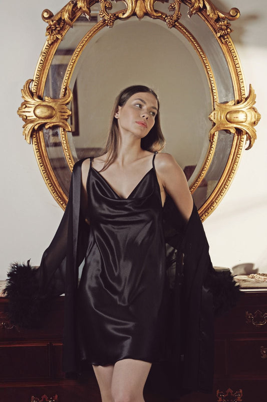 Elegant Satin Bridewear – Short Set with Feathers black