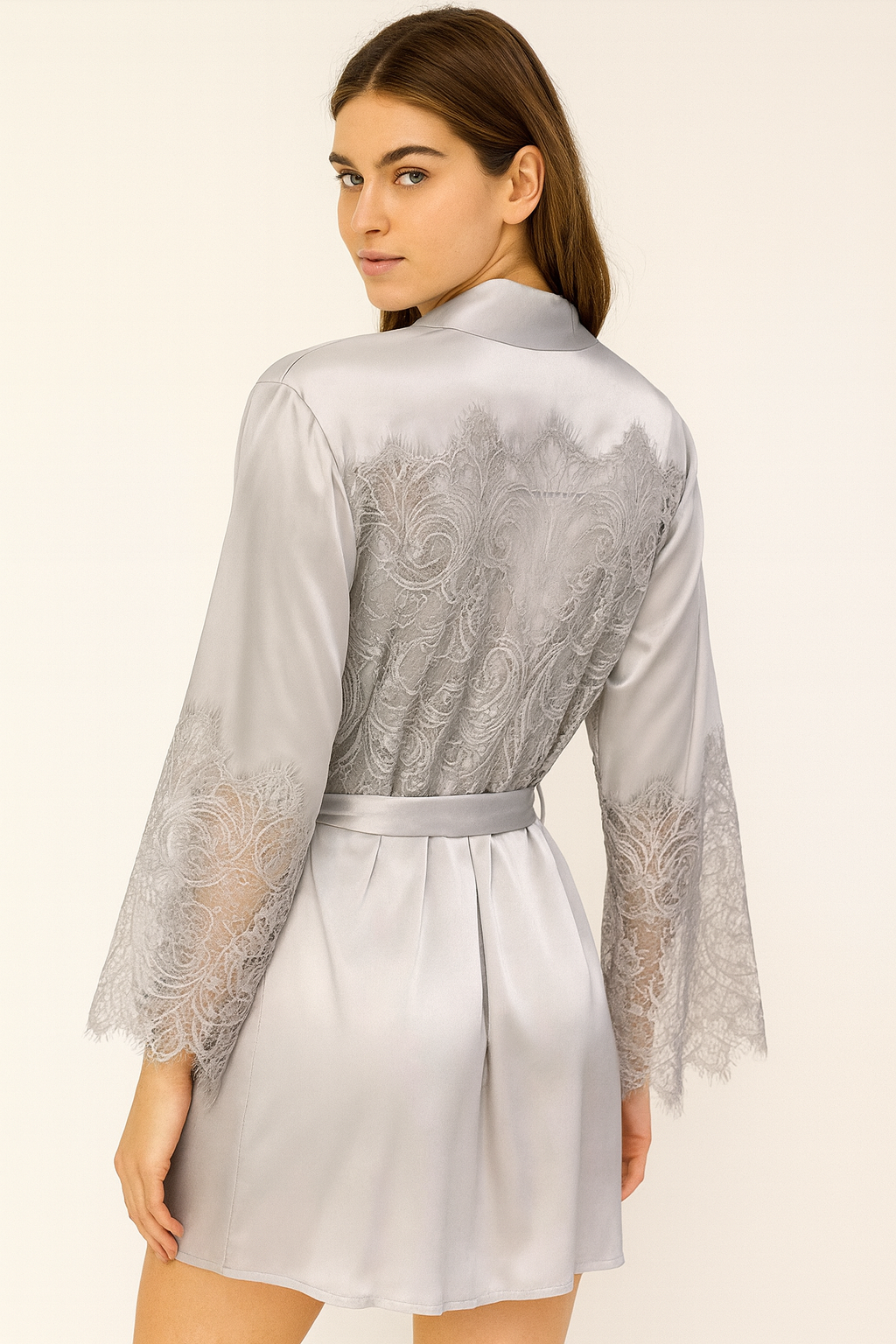 Short Satin & Lace Nightdress & Robe Set silver