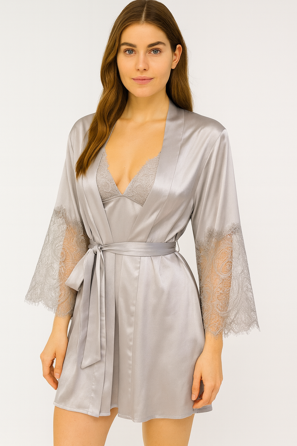 Short Satin & Lace Nightdress & Robe Set silver