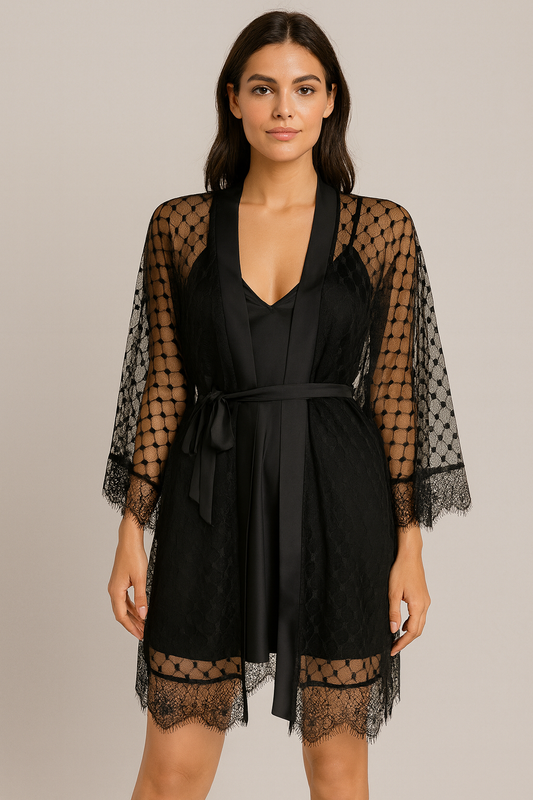 Butterfly Short nightdress 2 piece satin & lace black