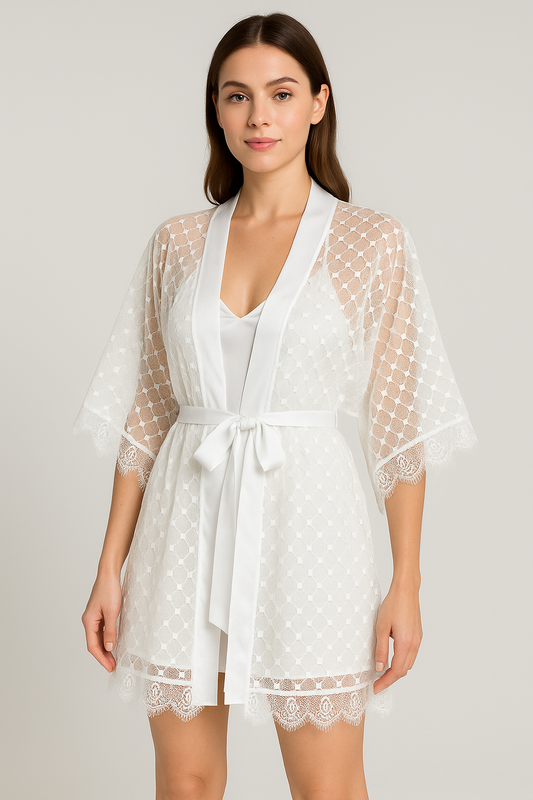 Butterfly Short nightdress 2 piece satin & lace white