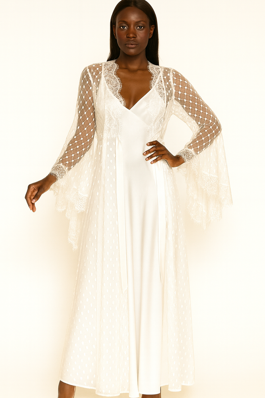2 pcs Lace net dot & Satin Long Nightdress & Robe Set - White