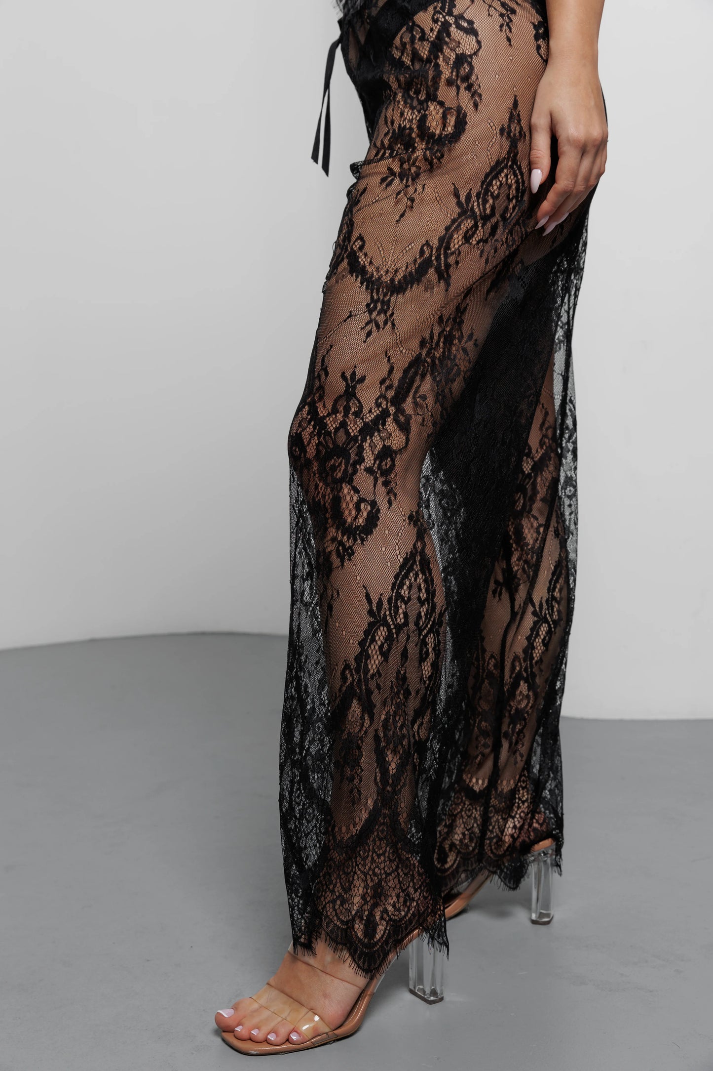 Long Lace Pajamas Set - Black