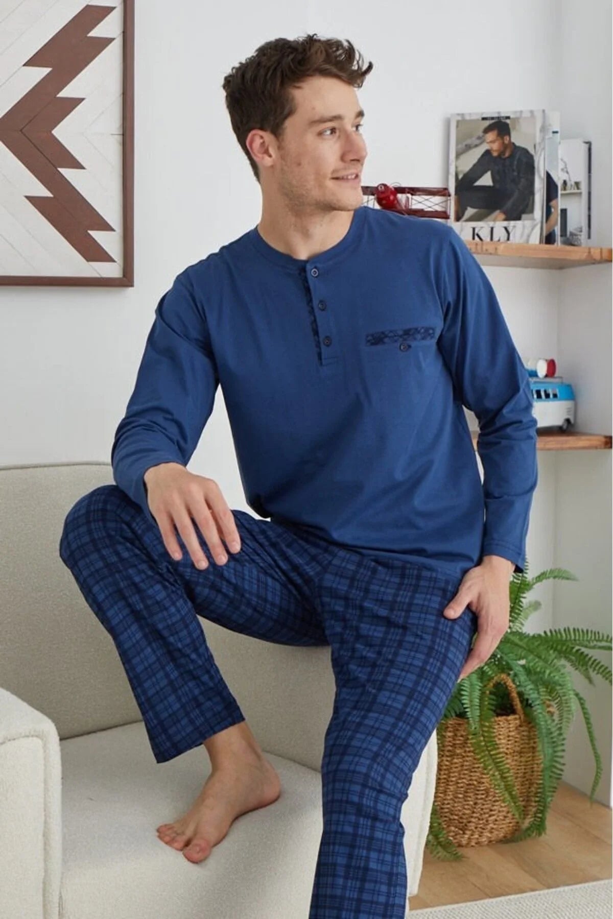Pajama men soft autumn made in Turkey - Blue 100% cotton 9223