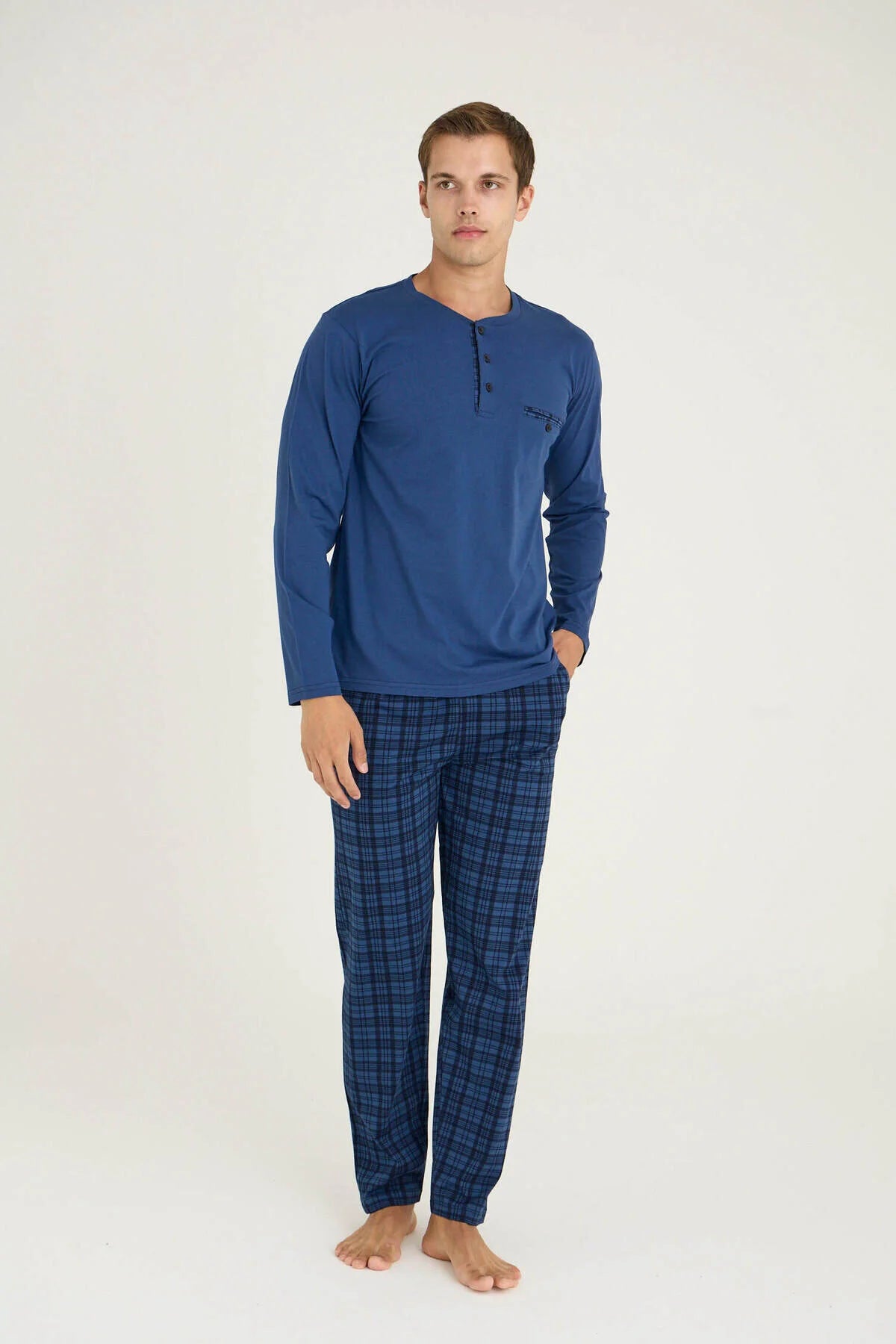 Pajama men soft autumn made in Turkey - Blue 100% cotton 9223