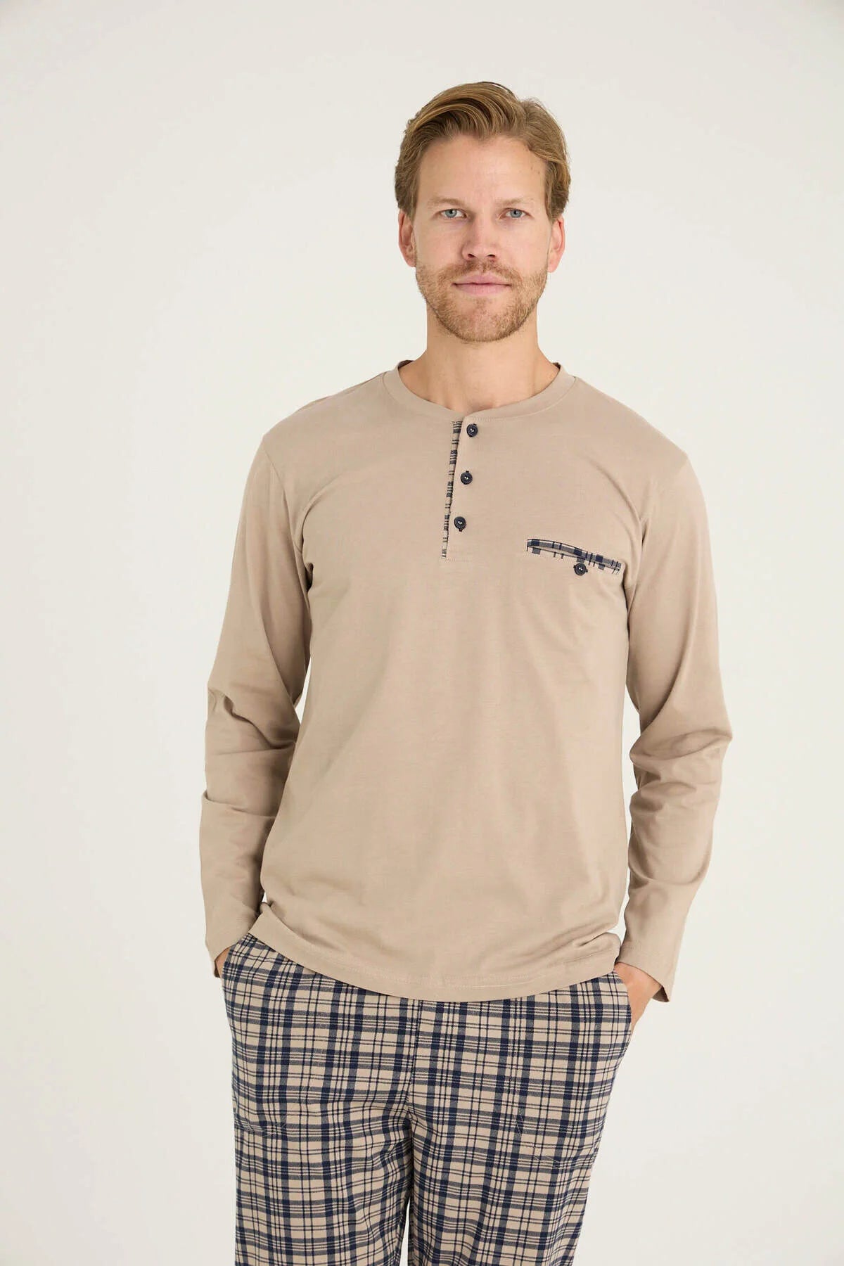 Pajama men soft autumn made in Turkey - Beige 100% cotton 9223