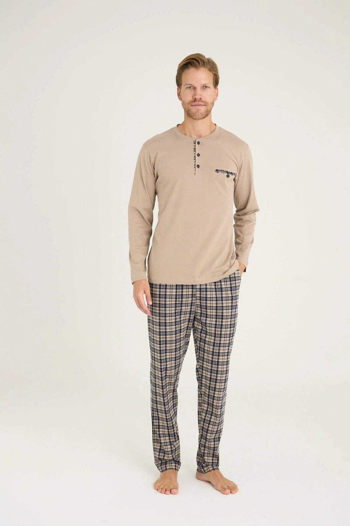 Pajama men soft autumn made in Turkey - Beige 100% cotton 9223
