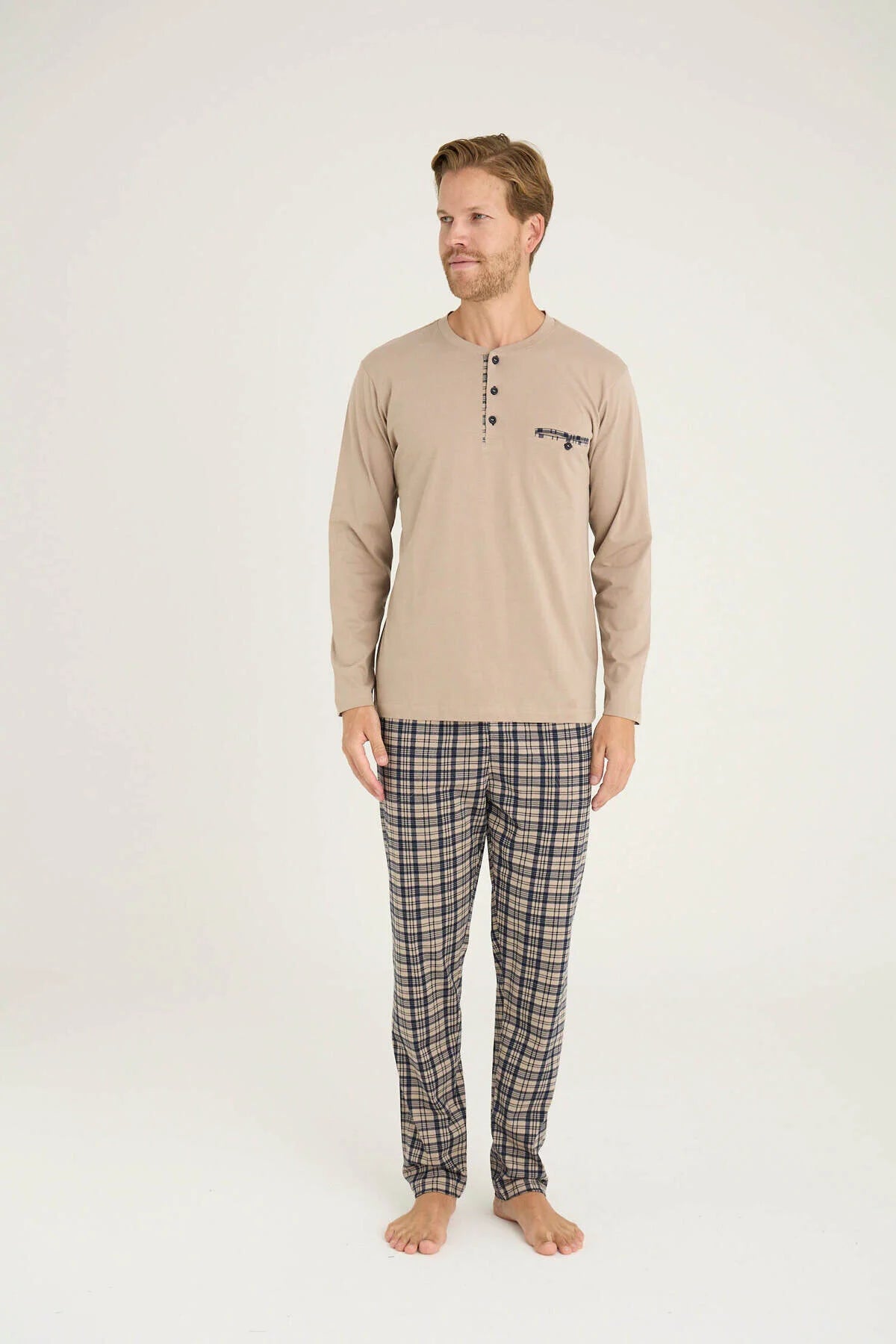 Pajama men soft autumn made in Turkey - Beige 100% cotton 9223