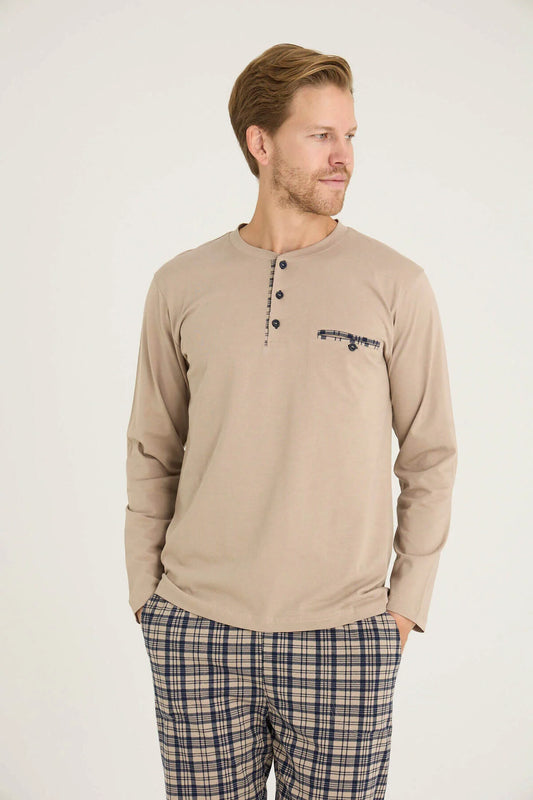 Pajama men soft autumn made in Turkey - Beige 100% cotton 9223